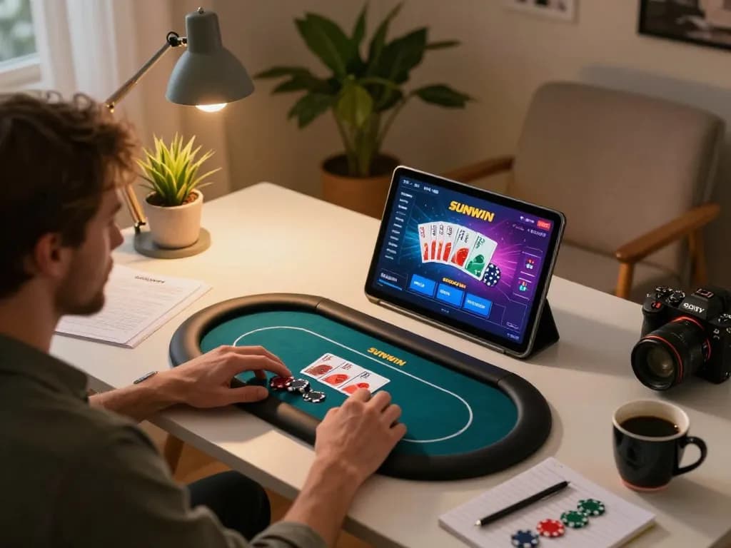 Player enjoying SUNWIN poker game on a tablet in a cozy home setting.