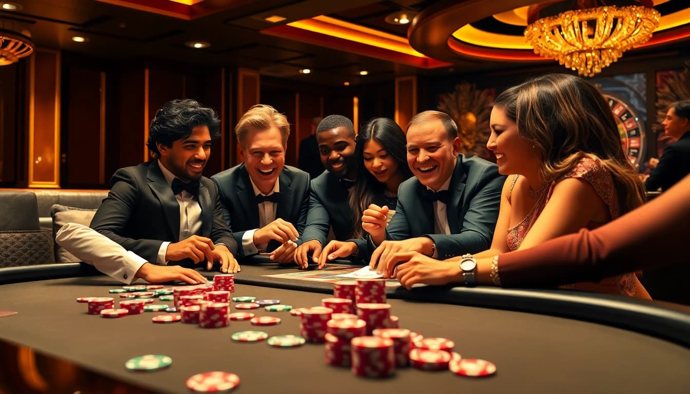 Engaging gamblers at a BDJL-themed casino table, showcasing vibrant poker action.