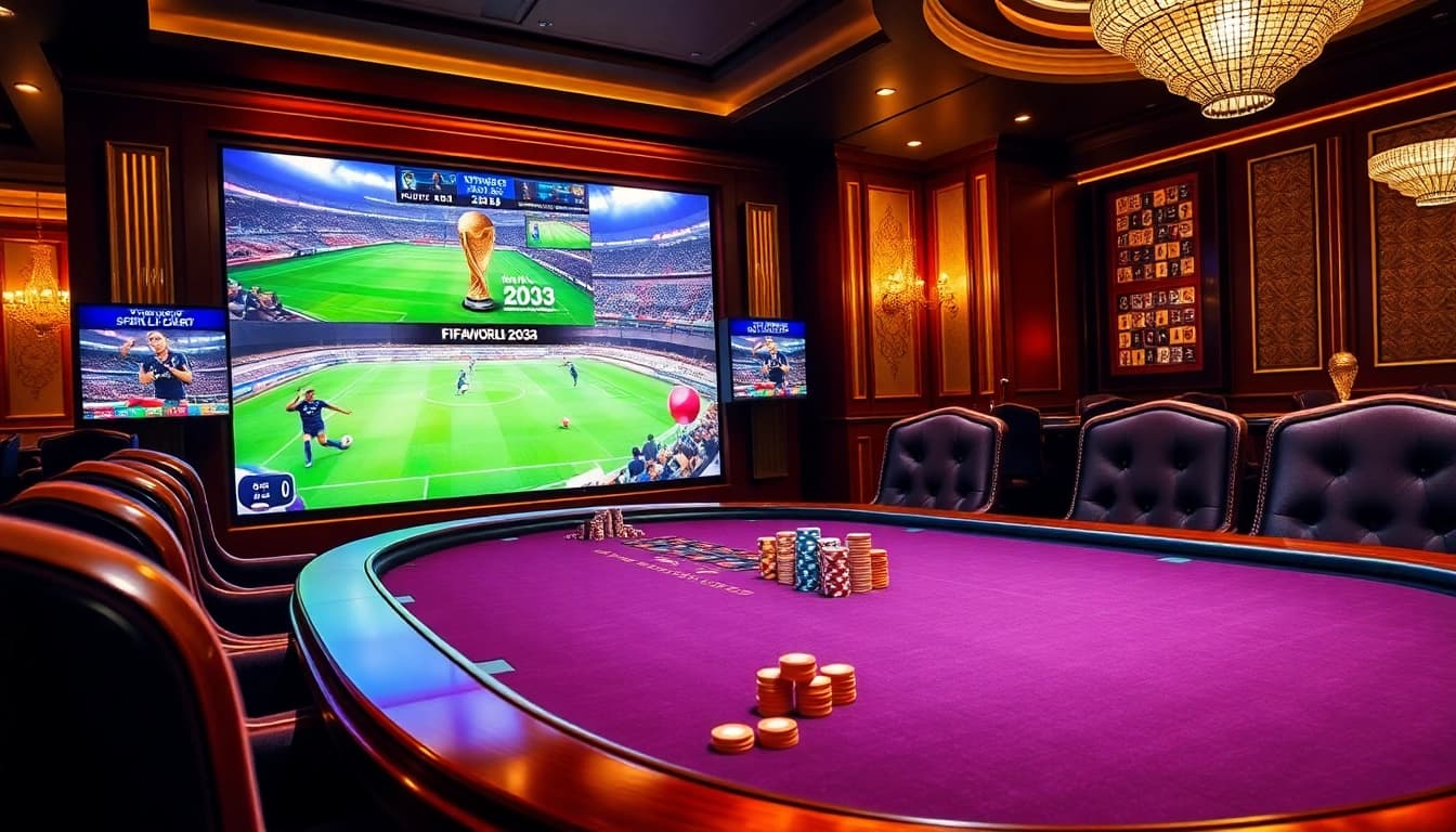 Betting on Judi Bola Piala Dunia 2034 in a luxurious casino environment.