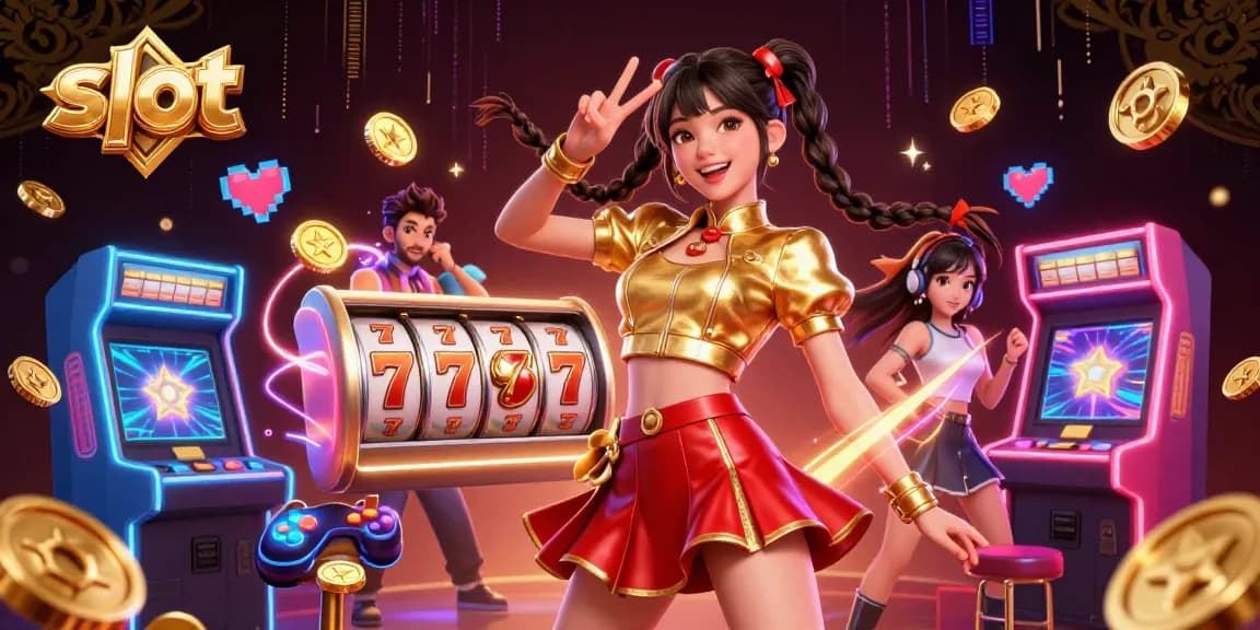 Spin the slots with a vibrant photorealistic Asian woman, jackpot elements and neon casino vibes.