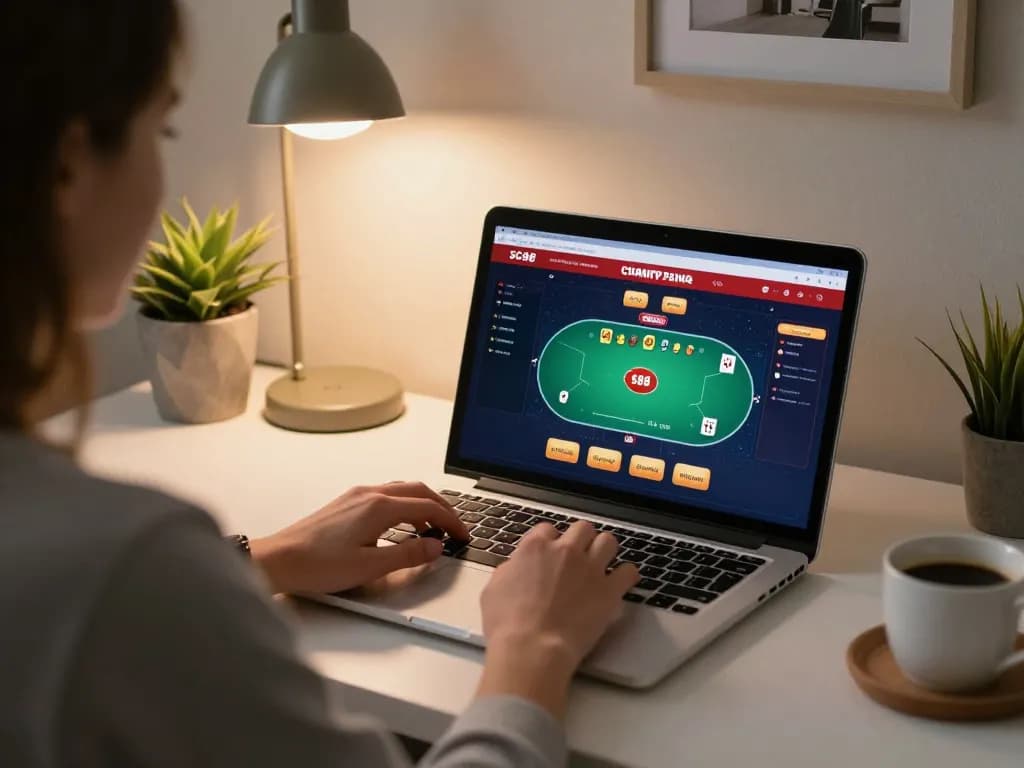 Engaged player using SC88.charity for online poker with a cozy home setting and strategic focus.