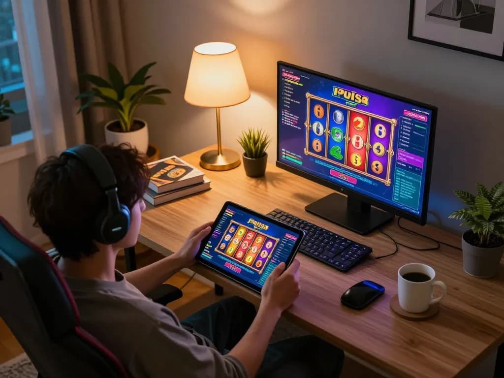 Terlibat dalam permainan slot pulsa di tablet dalam pengaturan rumah yang nyaman dengan pencahayaan ambient hangat.