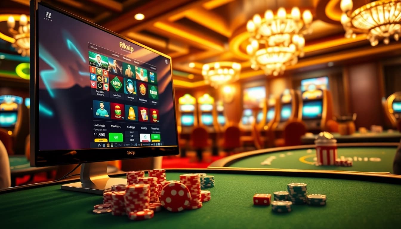 Rikvip online gambling scene with vibrant casino interface and poker elements.