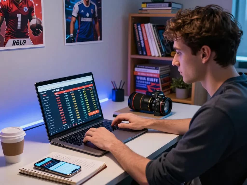 Person analyzing kèo nhà cái while betting online at home, showcasing strategic gameplay and focus on laptop