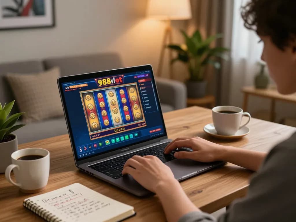 Player spinning reels on 988slot game in a cozy home office setting with notes and coffee.