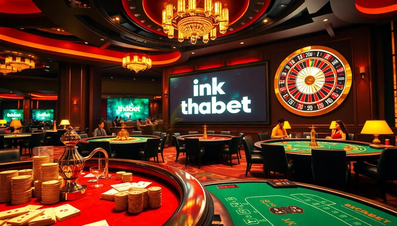 Exciting gaming session with "link thabet" displayed on a glowing screen in a luxurious casino scene.