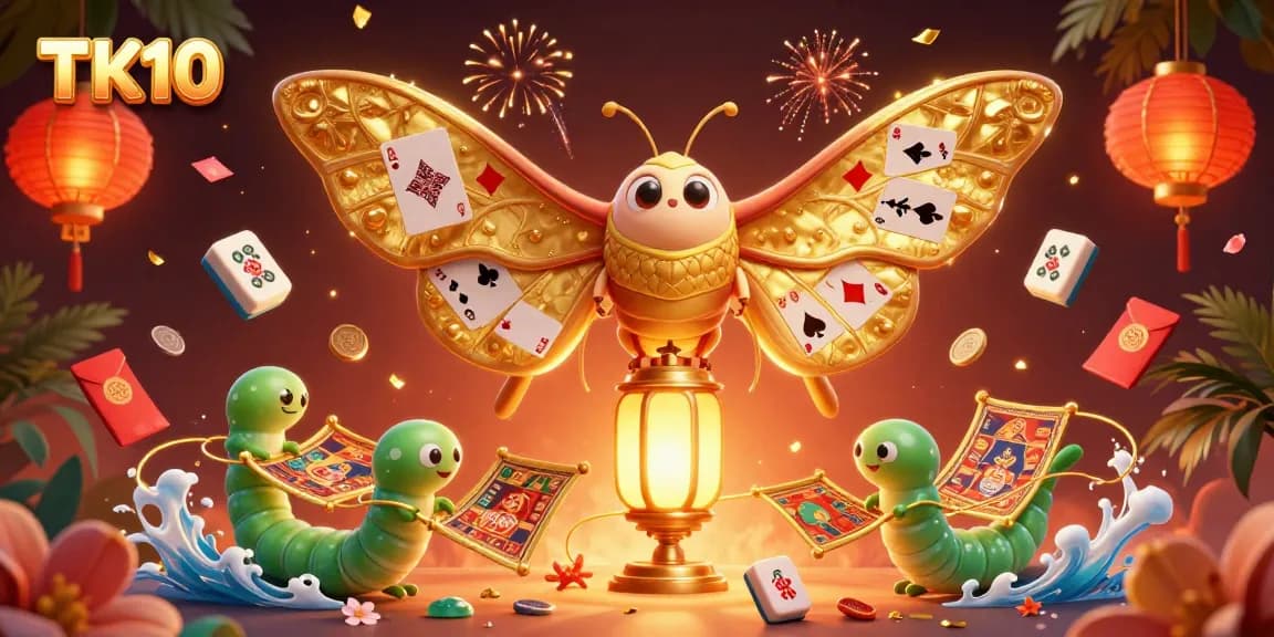 Engage with TK10's vibrant gaming world through a lively illustration of a golden atlas moth involving casino scenes.