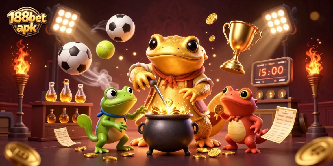 Unduh 188bet apk untuk taruhan olahraga dengan ilustrasi alkimia, koin emas, dan bola pertandingan.