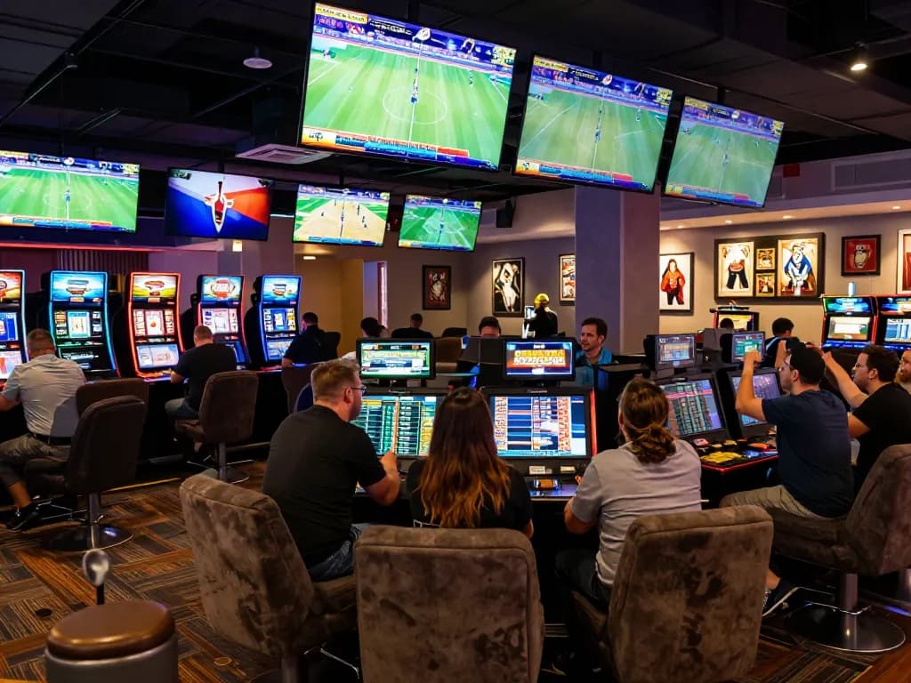 Soi kèo nhà cái action as bettors analyze live sports and betting lines in a lively casino.
