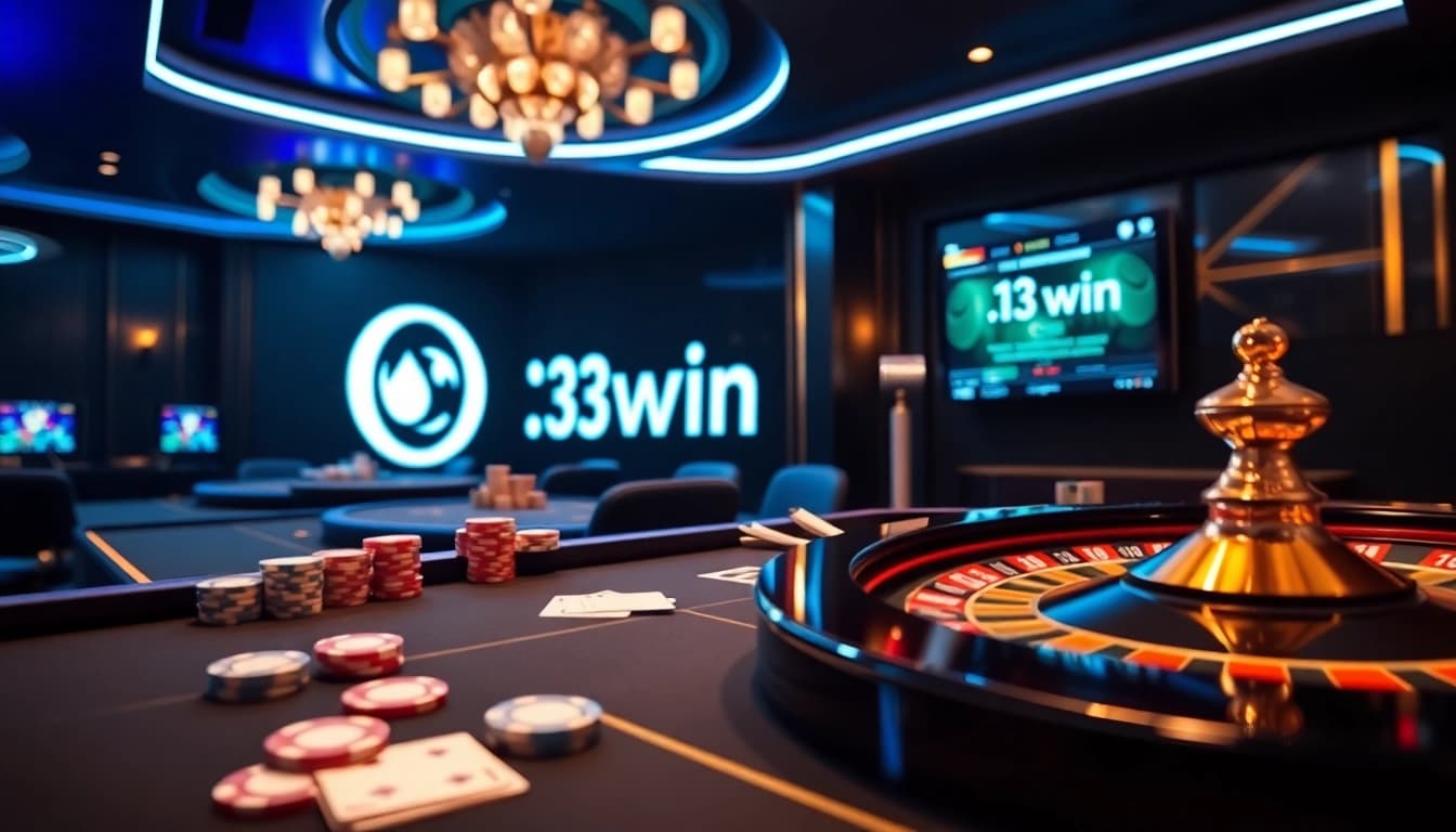 Exciting gambling scene at 13win casino with poker chips and cards on a roulette table.