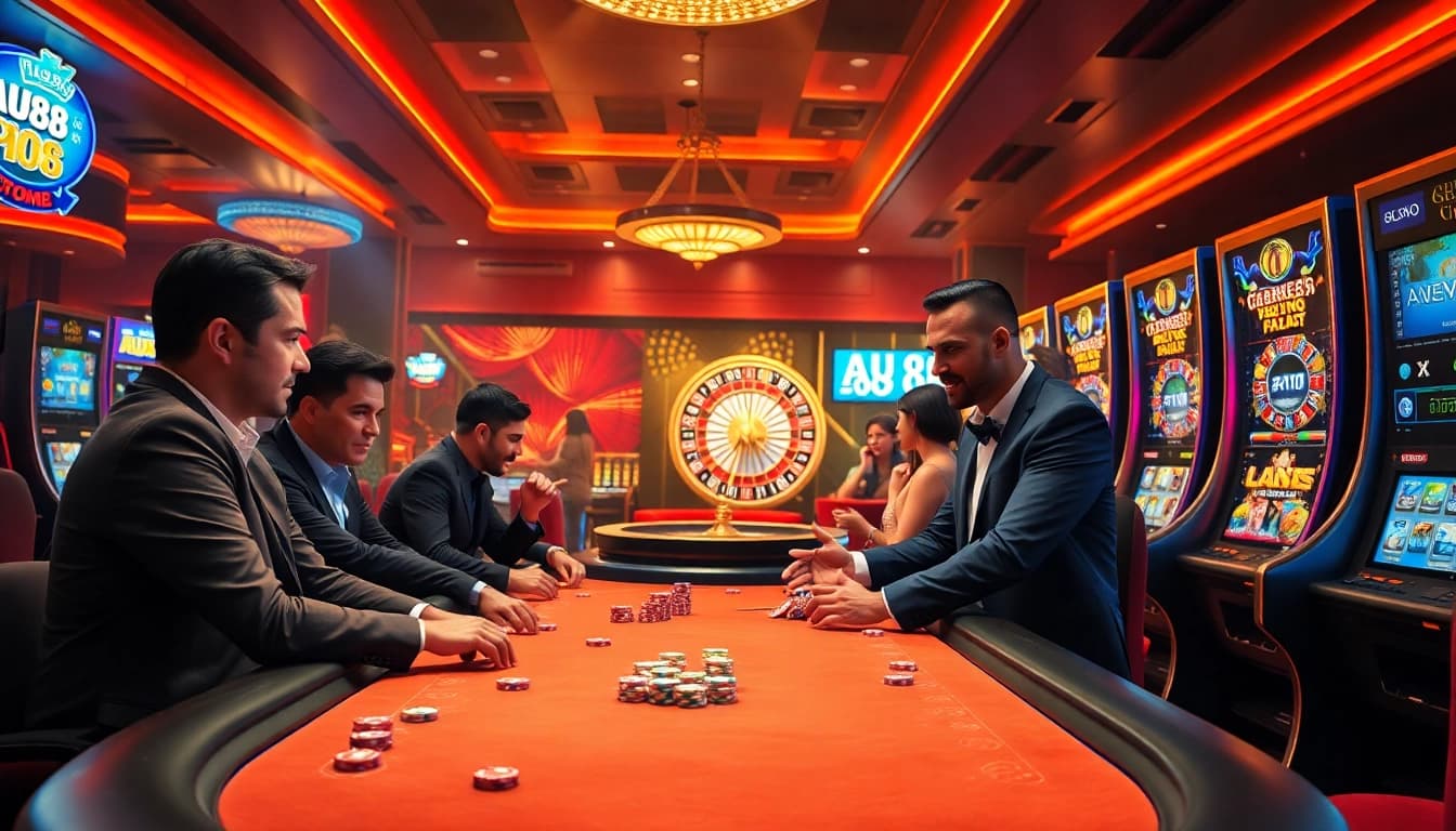 Exciting casino action at AU88 with poker players at the table and vibrant slot machines.