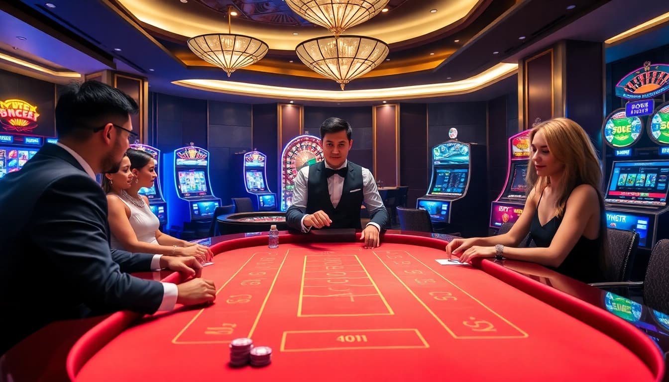Players engaging at a baccarat table and other games on https://bem88.com, showcasing high-stakes excitement.