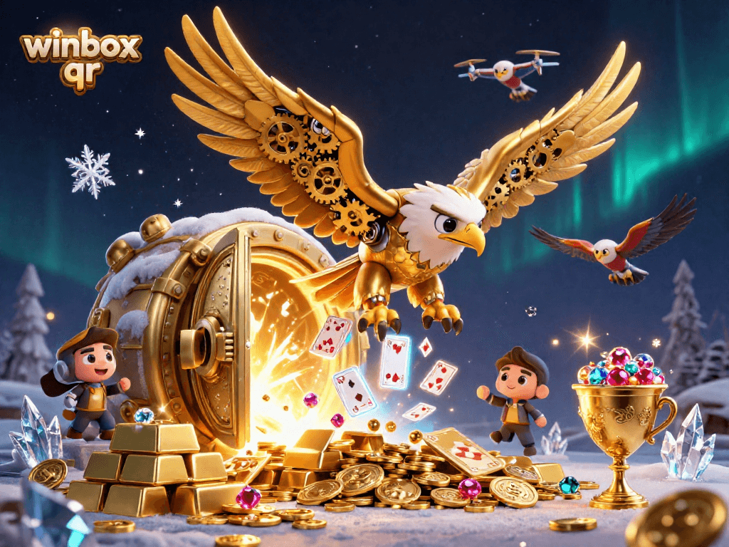 Experience winbox qr with a cybernetic eagle diving through holographic cards and treasures in a dazzling casino scene.