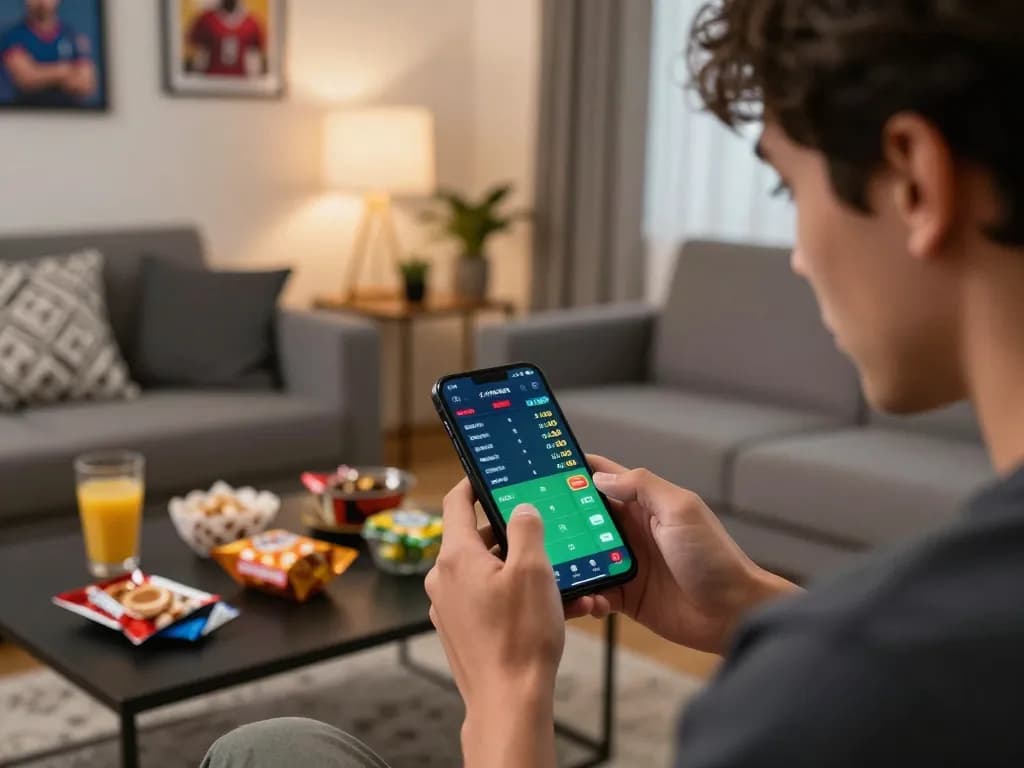 Engaging in sun win online sports betting via smartphone in a cozy living room setting.