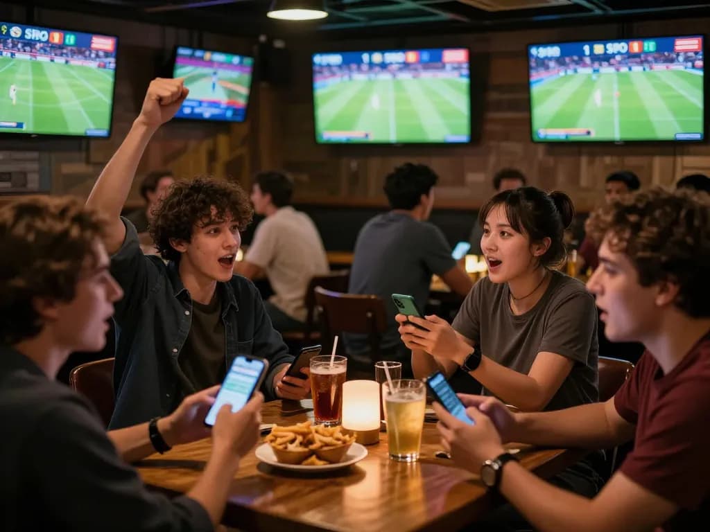 Para penggemar terlibat dengan pembaruan skor langsung SPBO 1 selama pertandingan sepak bola yang mendebarkan di sebuah bar olahraga.
