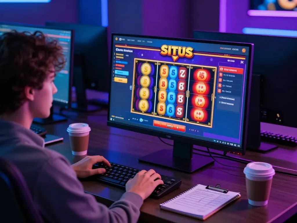 Pemain berinteraksi dengan situs slot online, layar permainan berwarna-warni ditonjolkan dalam pengaturan rumah yang elegan.