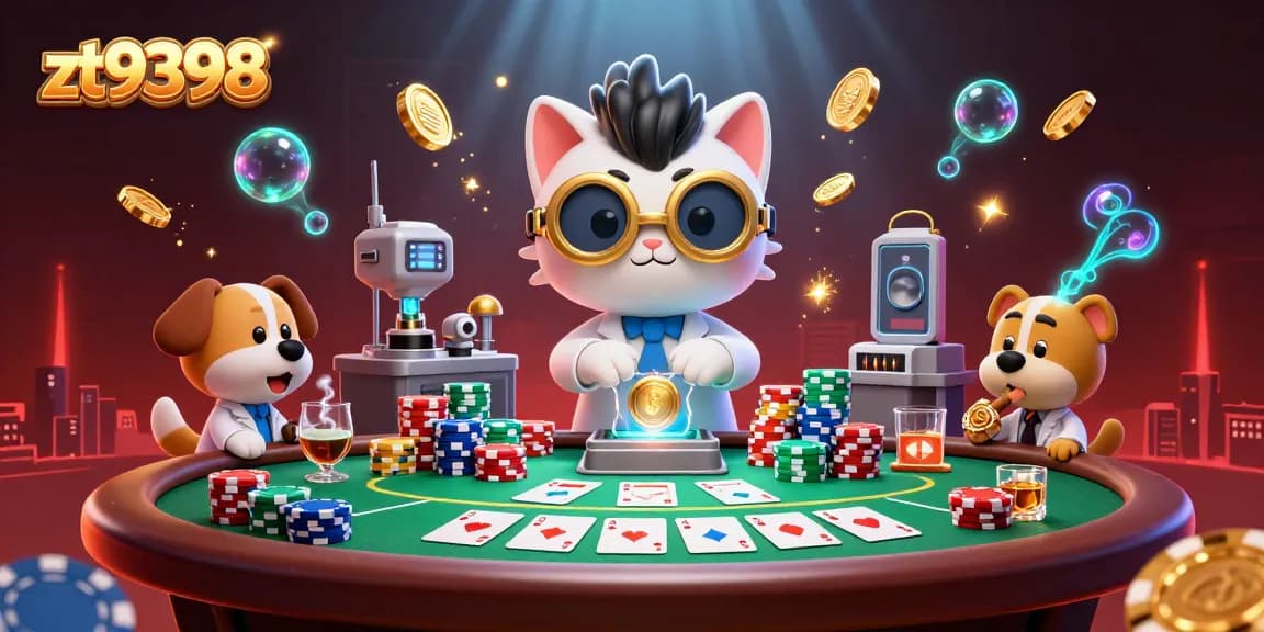 Engage with thrilling poker gameplay at ZT9398 with a mad scientist and dog duo creating excitement.