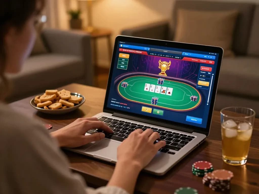 Player engaging with rik vip online poker game interface in cozy home setup