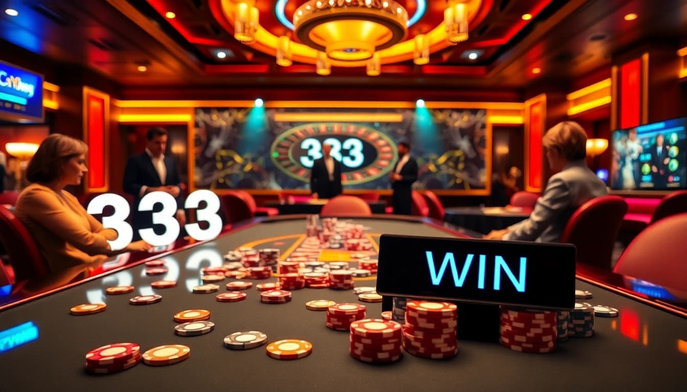Experience the thrill of 33WIN at an upscale poker table with colorful chips and a spinning roulette wheel.
