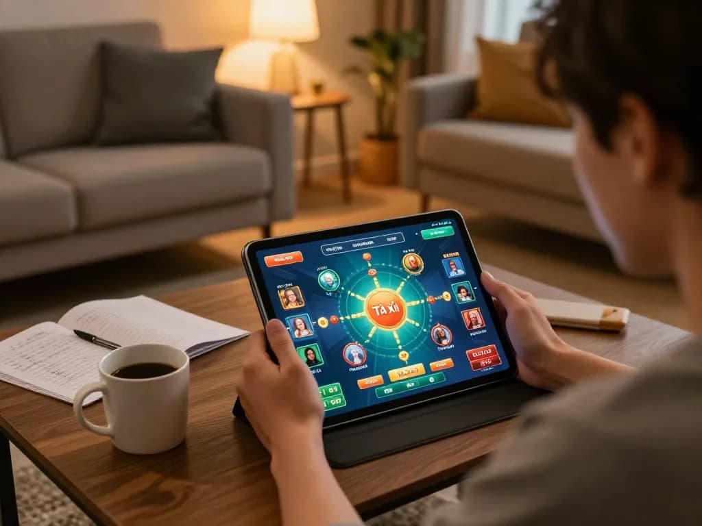 Tài xỉu online gaming on a tablet in a cozy home setting, showcasing strategic betting.