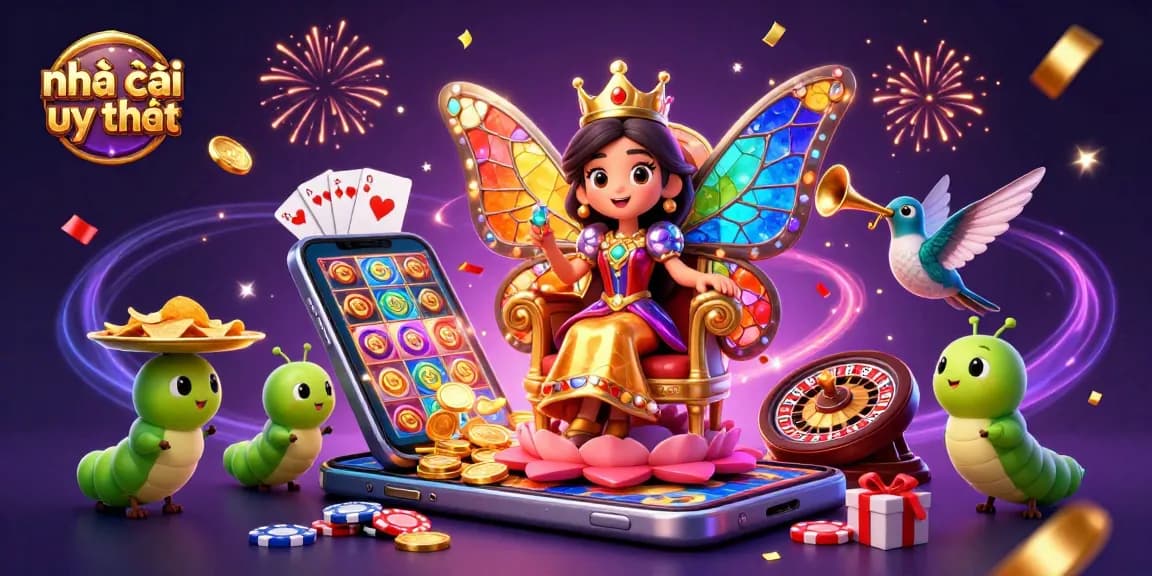 Experience the excitement of nhà cái uy tín with a vibrant 3D illustration showcasing casino elements and characters.