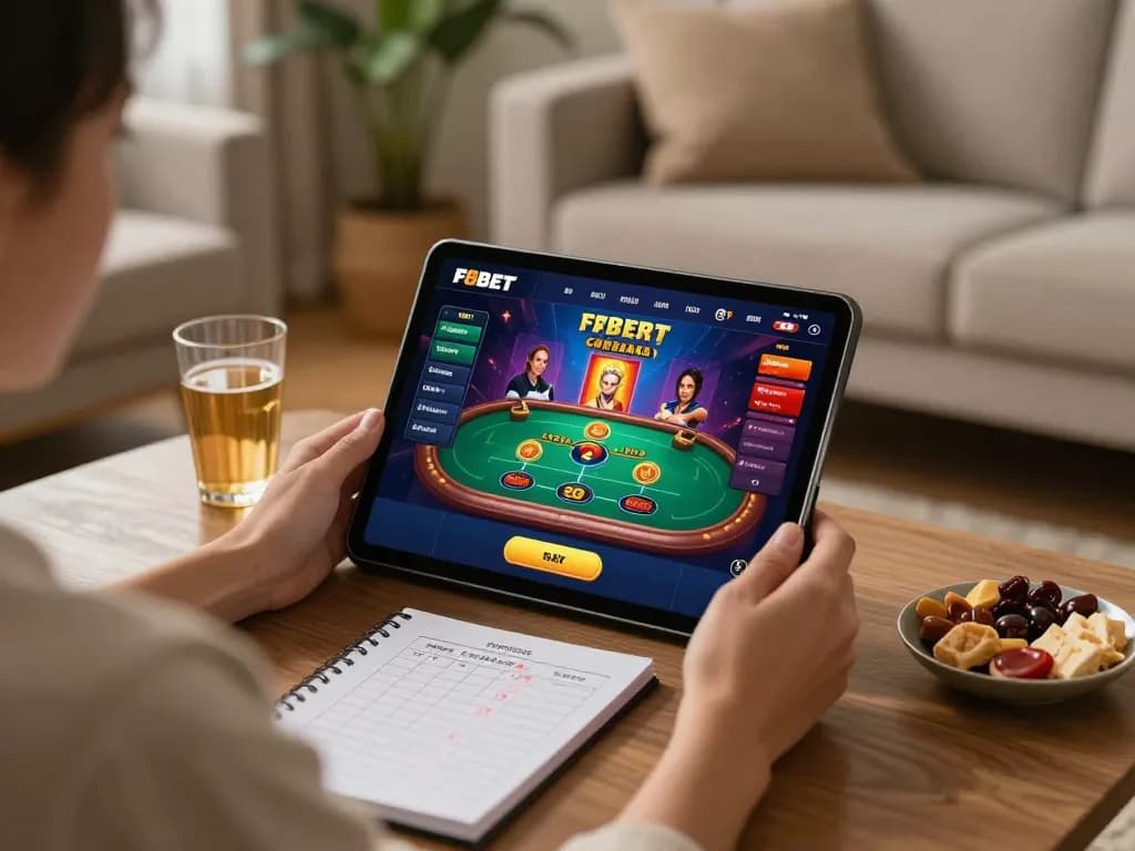 Play exciting F8BET casino games on a tablet in a cozy home setting with strategic notes nearby.