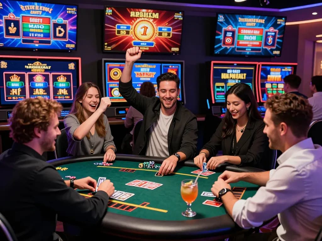 Dynamic online gaming scene at Nhà Cái Kuwin showcasing players enjoying casino games with colorful visuals.