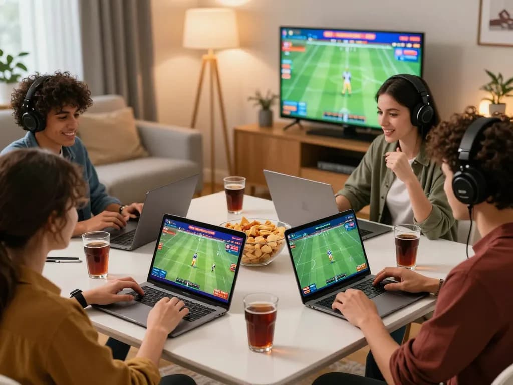 Engaged friends enjoying the thrill of trang 88aa sports betting in a lively home setting.