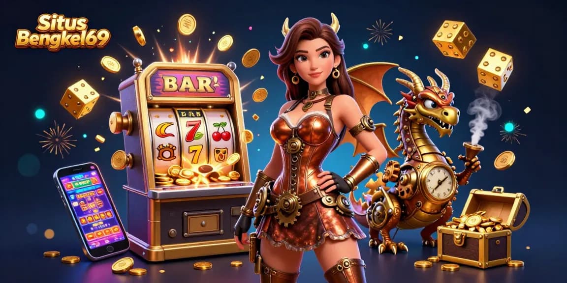 Situs Bengkel69 showcases an exciting 3D scene with a woman and dragon amidst slot machine jackpots and casino games.