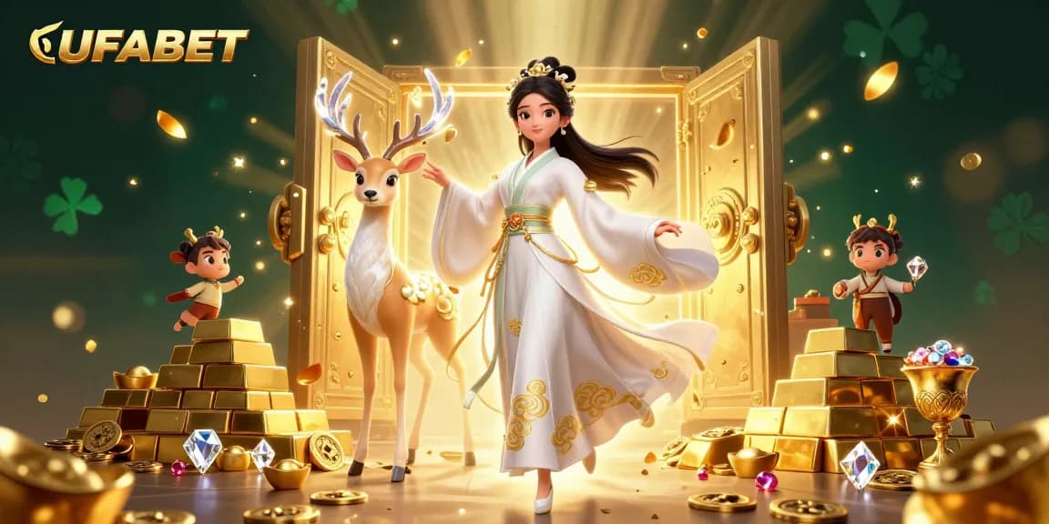 Bet on UFABET with an ethereal scene showcasing floating characters amidst treasures and gaming symbols.