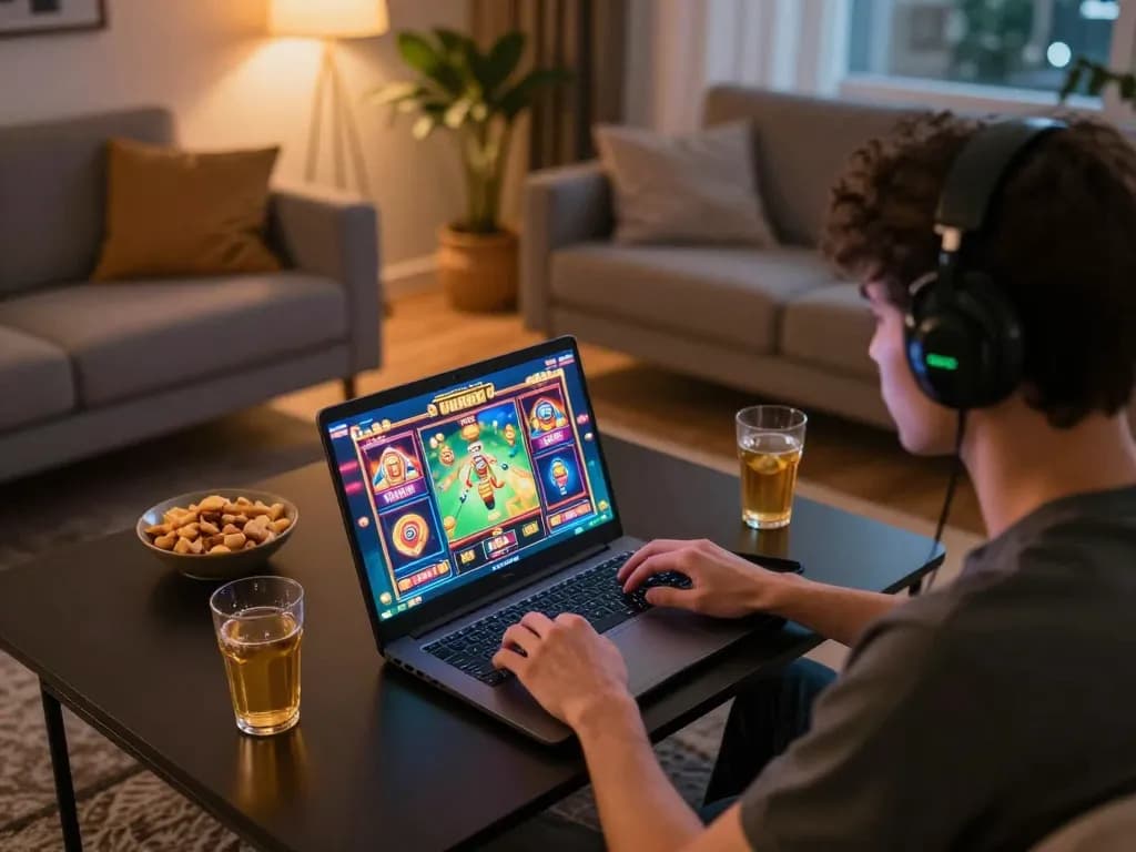 Player enjoys immersive slots gaming on 258bet with laptop at home, highlighting fun and strategy