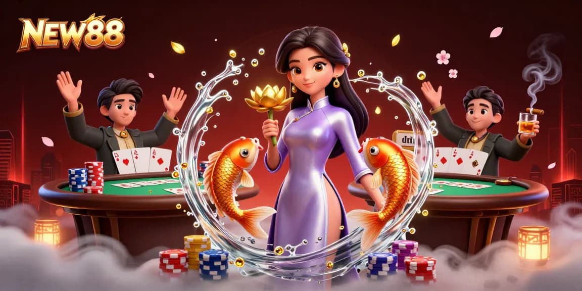 Engage in games at NEW88, featuring a luxurious Asian theme with poker elements and vibrant colors.