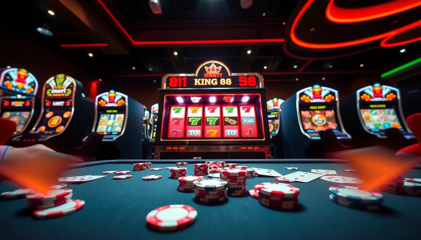 Experience the excitement of king88 with vibrant casino gaming elements, showcasing slot machines, poker chips, and an inviting atmosphere.