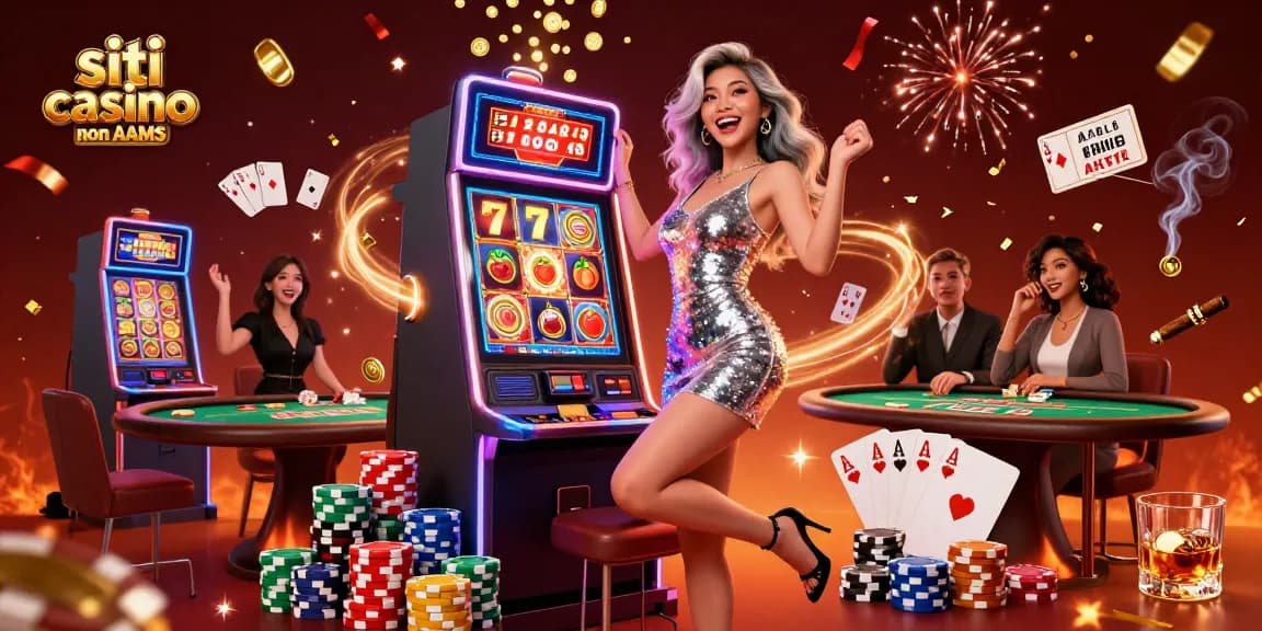 Festeggia nei siti casino non AAMS con una donna asiatica vincitrice di jackpot circondata da vivaci elementi del casinò.