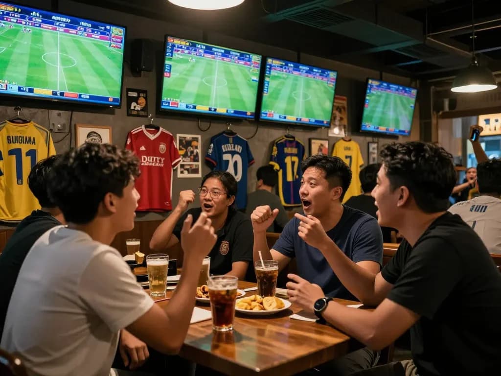 Excited bettors enjoying a Judi Bola experience in a lively bar during a football match.