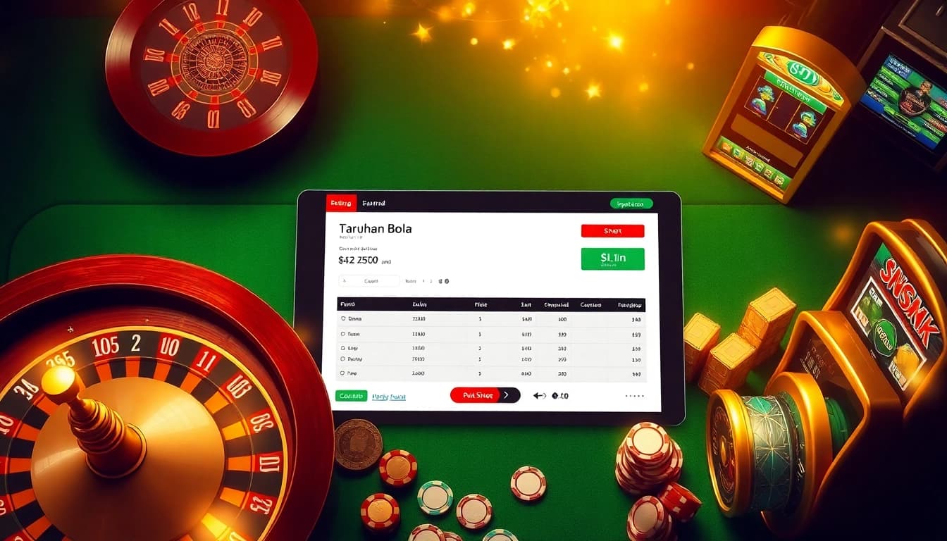 Experience Taruhan Bola excitement with a sportsbook display surrounded by casino elements.
