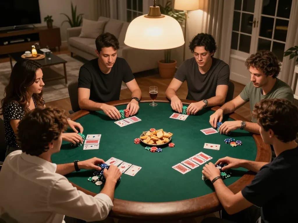 Pemain menikmati permainan poker di rumah, menampilkan pengalaman perjudian sosial aman788 dengan semangat.