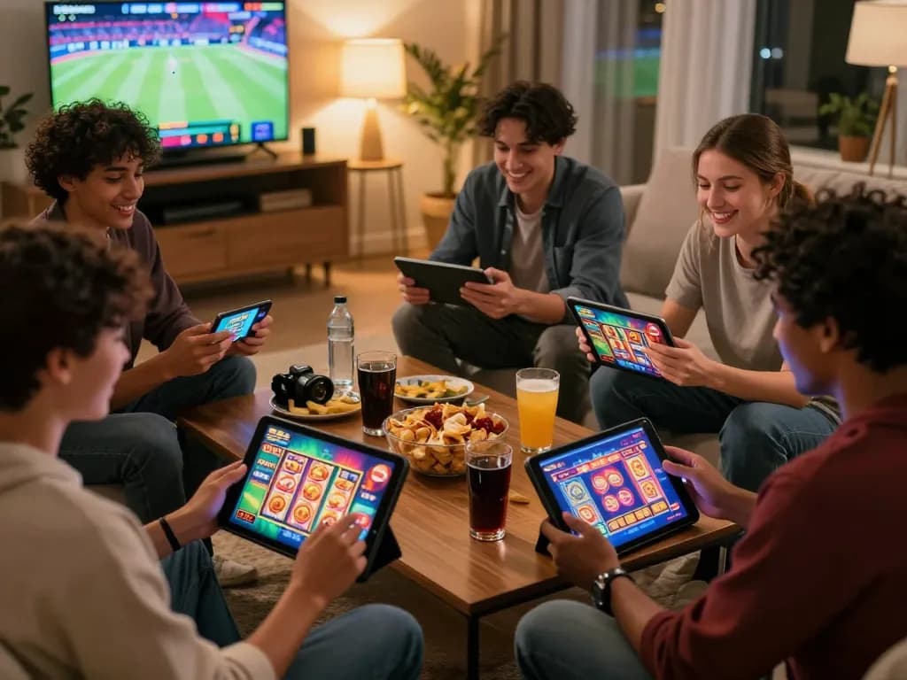 Engaged friends enjoying AU88 gaming on tablets and smartphones in a cozy atmosphere