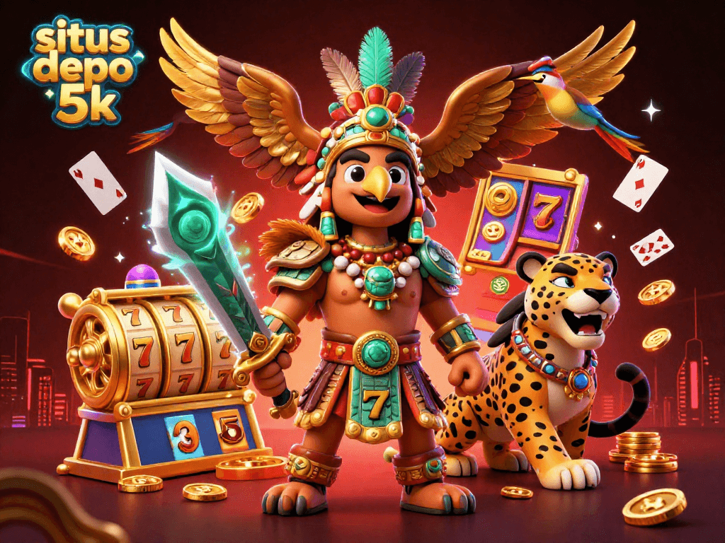 Engage with situs depo 5k in this vibrant casino-themed 3D illustration packed with dynamic elements.