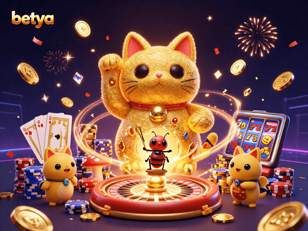 Experience the excitement of betya with gaming symbols and animated lucky cat in vibrant 3D art.