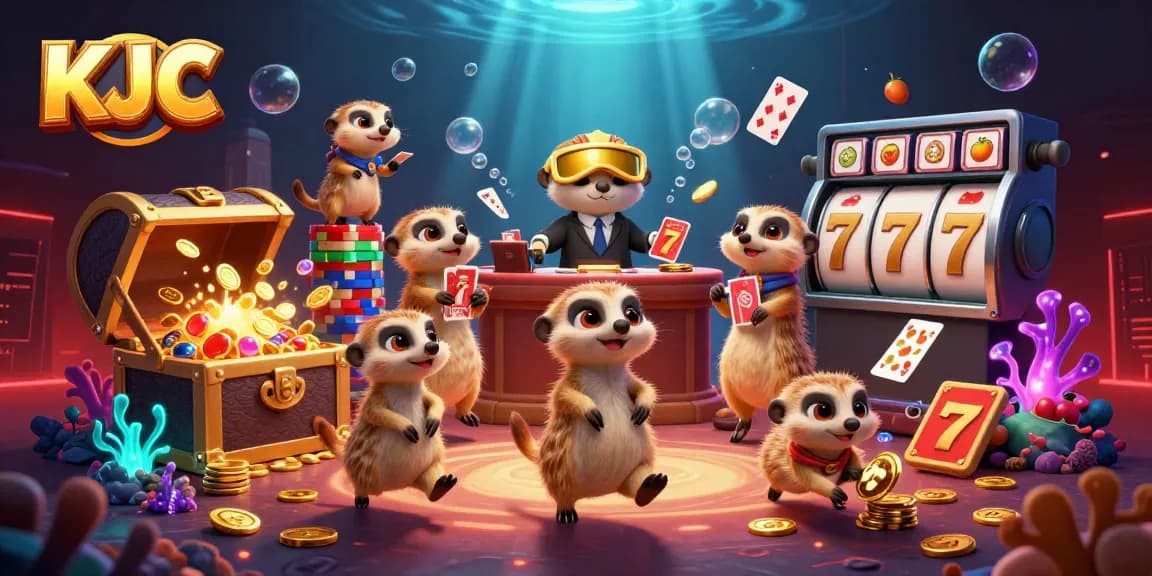 KJC meerkats running a casino operation with vibrant gaming elements in a rich underwater scene.