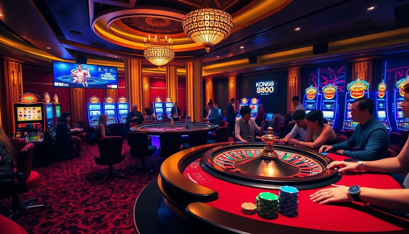 KONG88 captures dynamic casino excitement with poker tables and a spinning roulette wheel.
