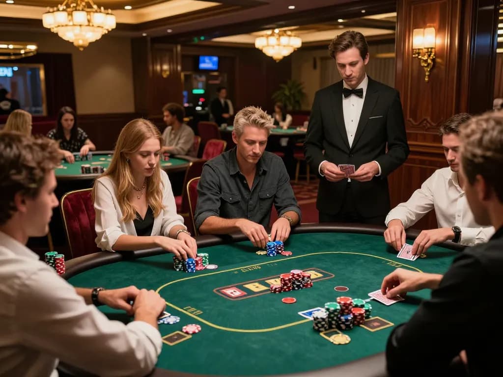 Players enjoying an engaging poker game at 388bet's luxurious casino, showcasing strategic decision-making and vibrant atmosphere.