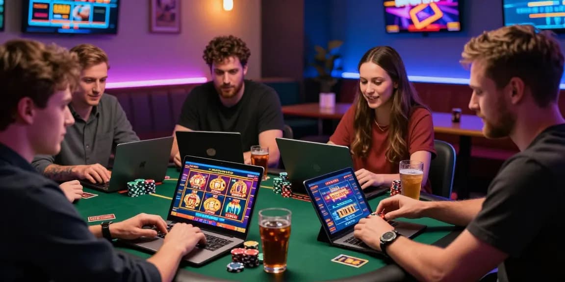 Engaged players at scoarch.org.uk using credit cards at vibrant online casinos, showcasing excitement with colorful gaming interfaces.