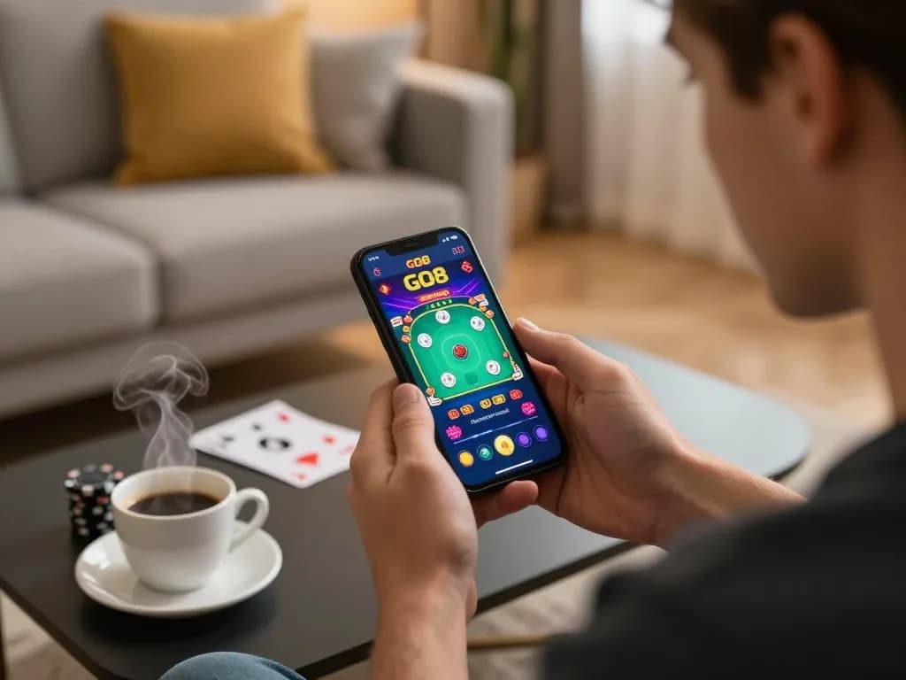 Engaged player accessing the GO8 app for strategic mobile betting in a cozy home setting