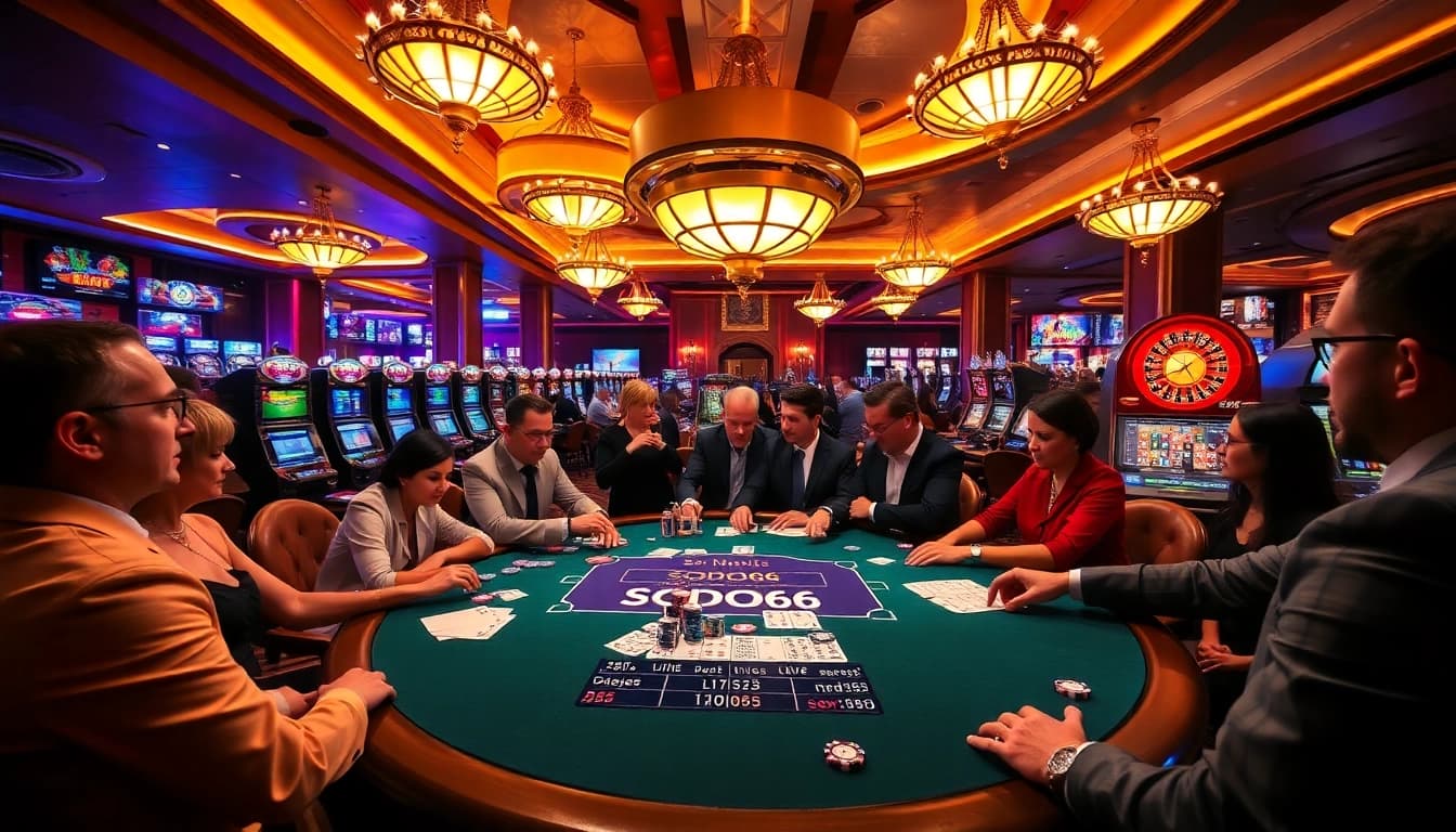 Players enjoying a high-stakes game at SODO66, featuring vibrant poker tables and slot machines.