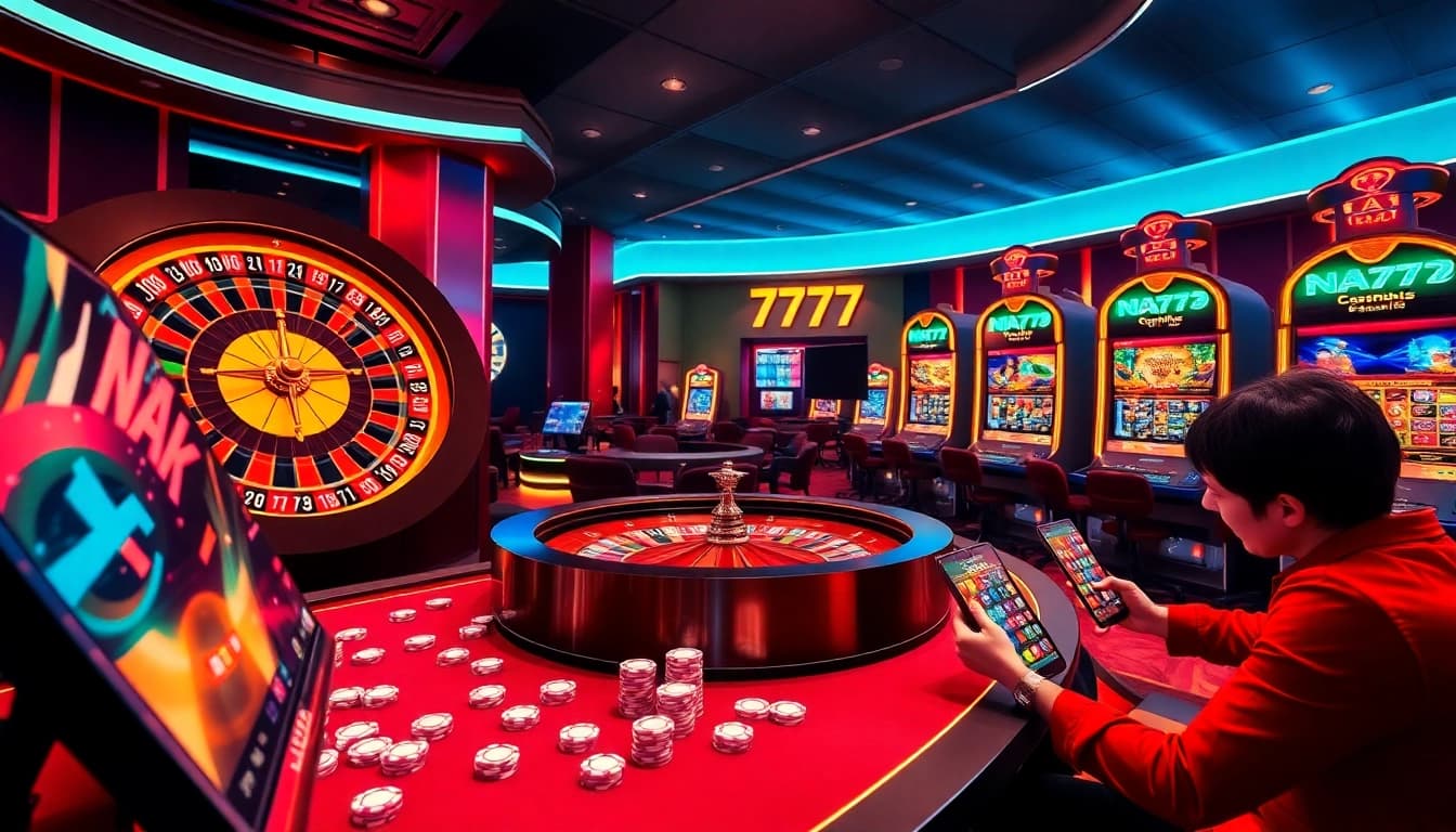 Experience the thrill of gambling with NA777's live casino interface featuring poker chips and a roulette wheel.