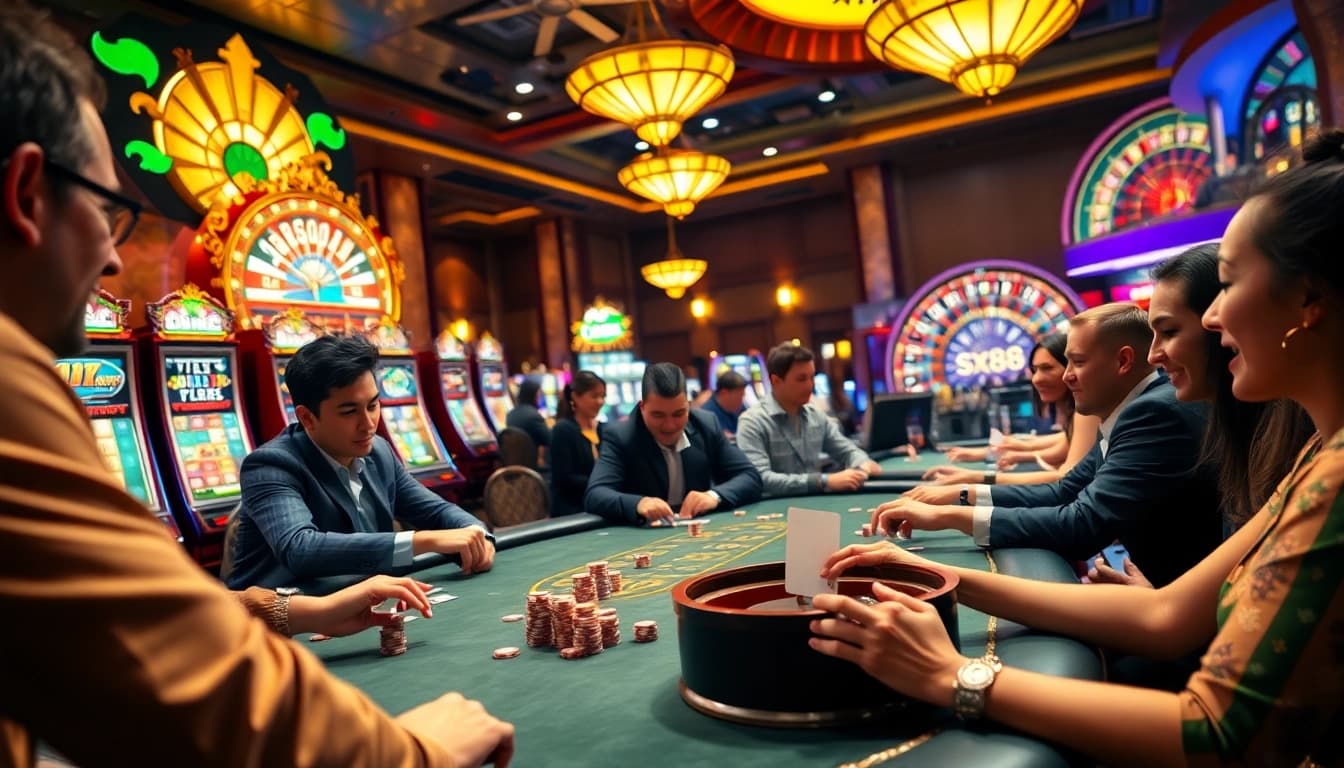 Exciting poker game at a luxurious casino, featuring sx88.com betting fun.