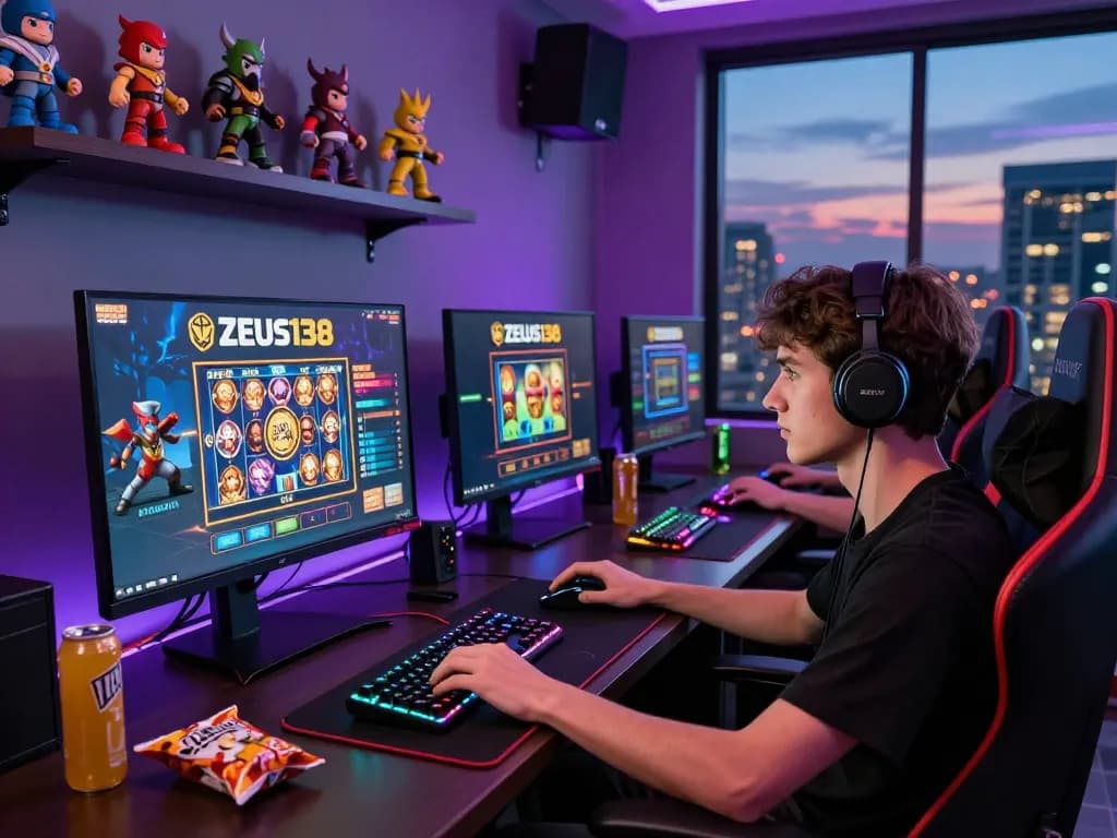 Engaged player at Zeus138 gaming station, focused on slot games with vibrant RGB lighting