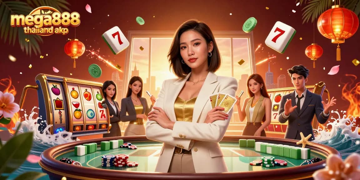 Mega888 Thailand APK with a professional Asian woman in a glamorous setting playing her cards at a casino.
